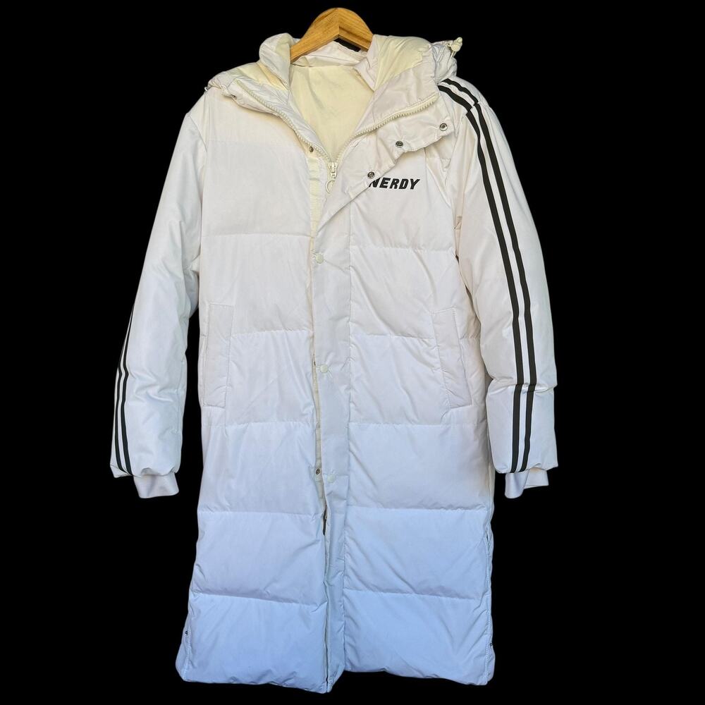 NERDY Coat Small White Long Hooded Down Puffer Parka Stripe Logo Full Zip